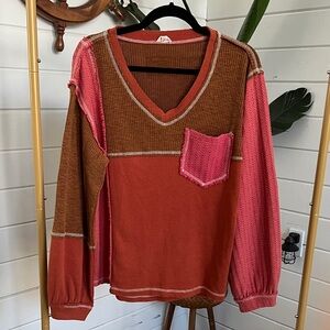 POL V-Neck Sweater in Orange, Pink, and Brown